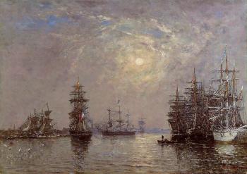 尤金 佈丹 Le Havre, European Basin, Sailing Ships at Anchor, Sunset